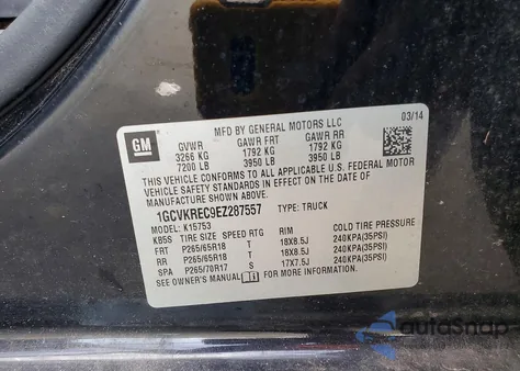 2014 Chevrolet Silverado K1500 Lt z USA, uszkodzony, nr VIN 1GCVKREC9EZ287557